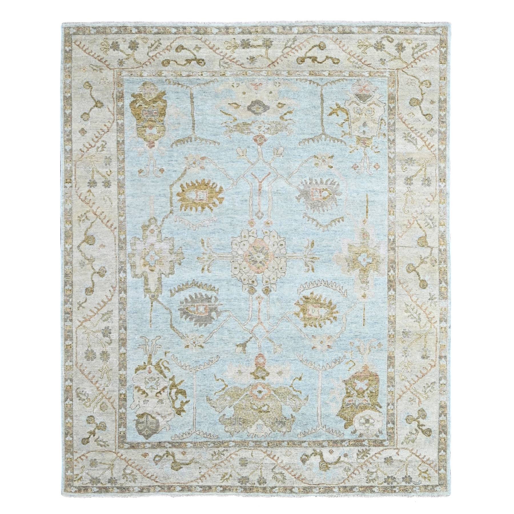 Languid Blue With Accessible Beige, Scrolling Wines Border, Distressed Look Sheared Down, Sultanabad Inspired Hand Knotted Pure Wool Oriental Rug